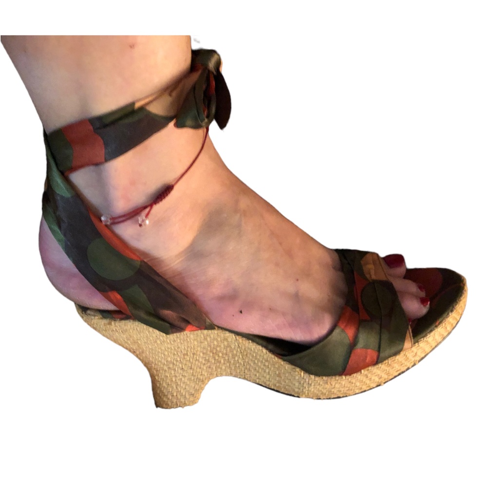 Amanda Smith size 10 orange , green, gold silk ankle wrap platform